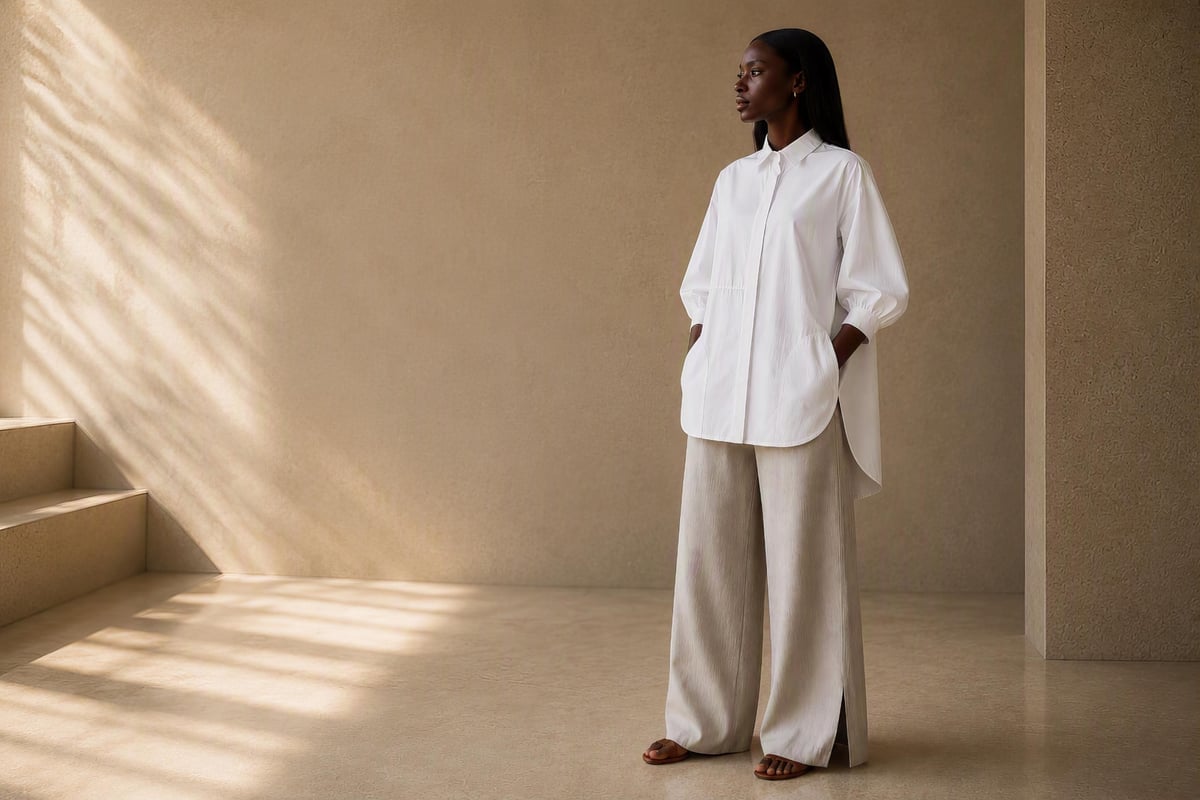 A woman in a white poplin shirt and linen trousers in a sunlit stone room