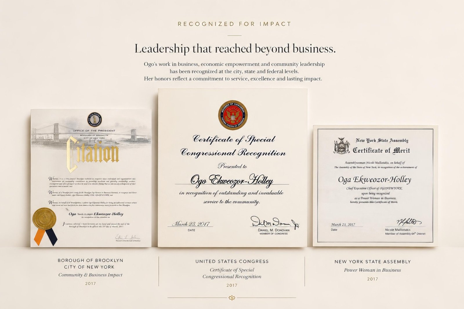 Three framed honors: a Brooklyn Borough President citation, a Certificate of Special Congressional Recognition, and a New York State Assembly Certificate of Merit