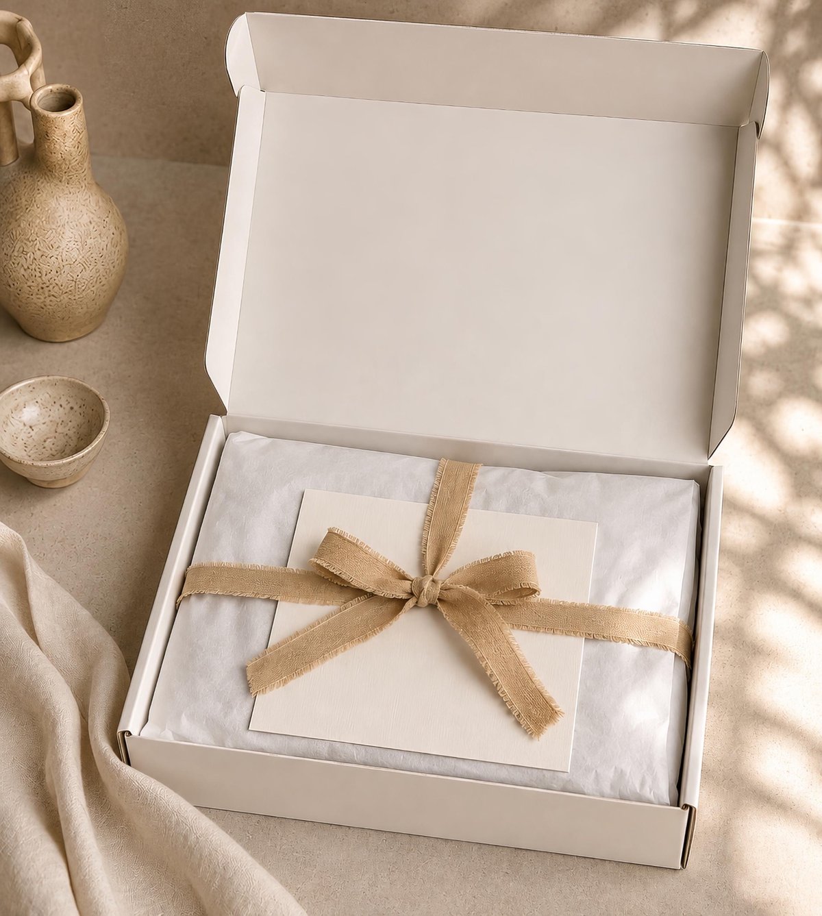 Open ivory box with the garment wrapped in tissue and tied with a raw-edge neutral ribbon