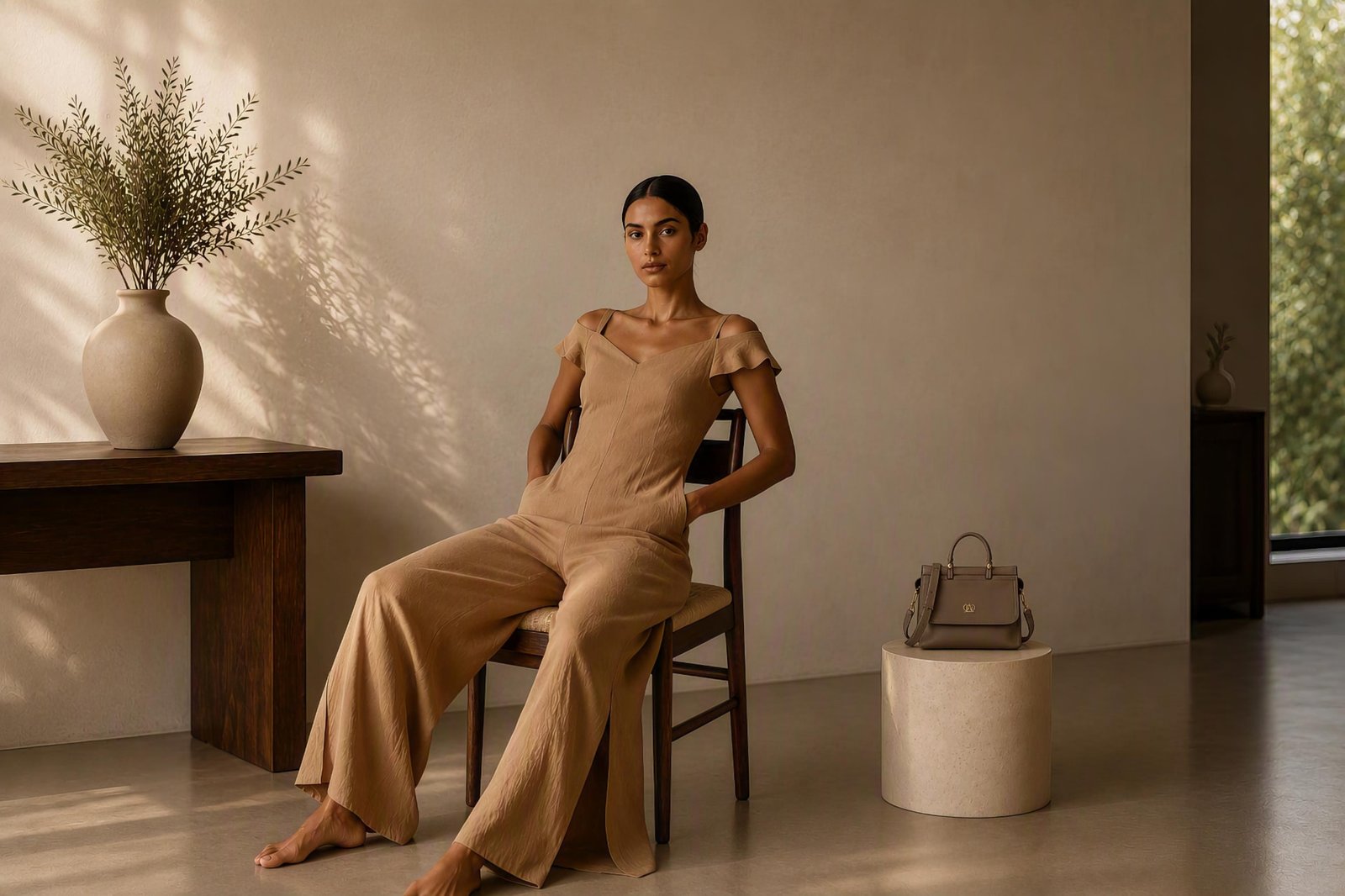 A woman in a tan linen jumpsuit seated in a sunlit room beside a leather handbag