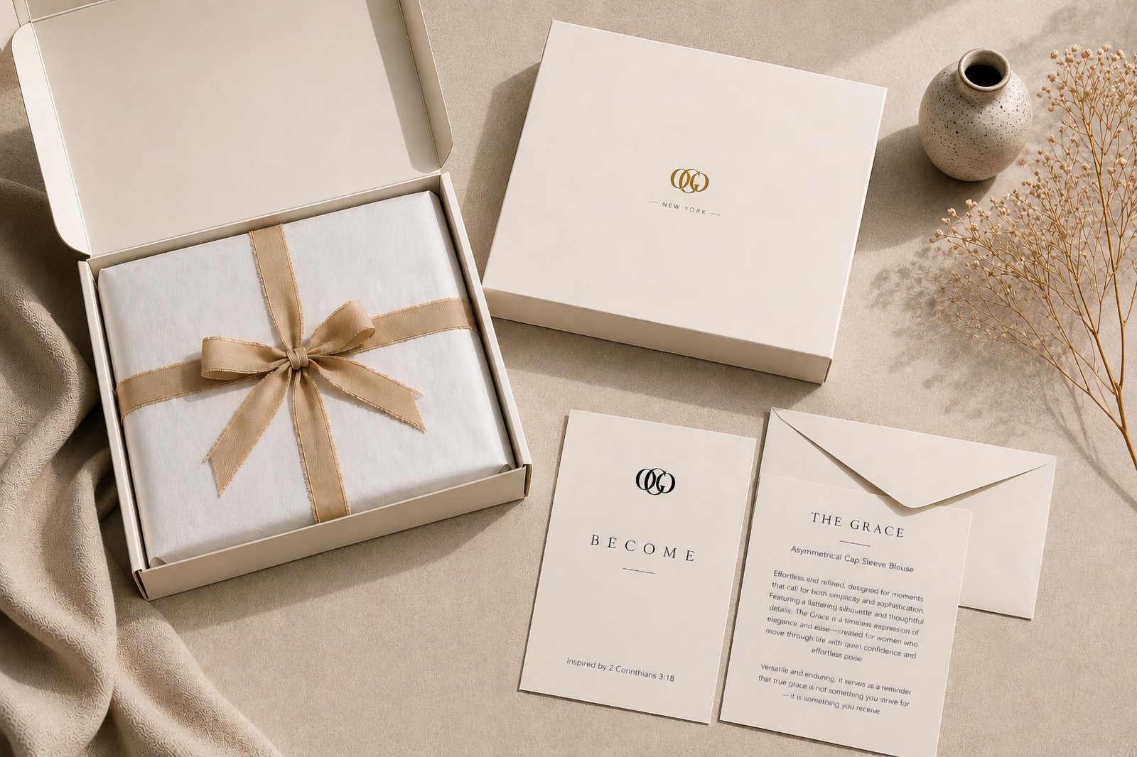 An OGONYC order laid out — ribbon-tied tissue in an ivory box beside the branded lid and story cards