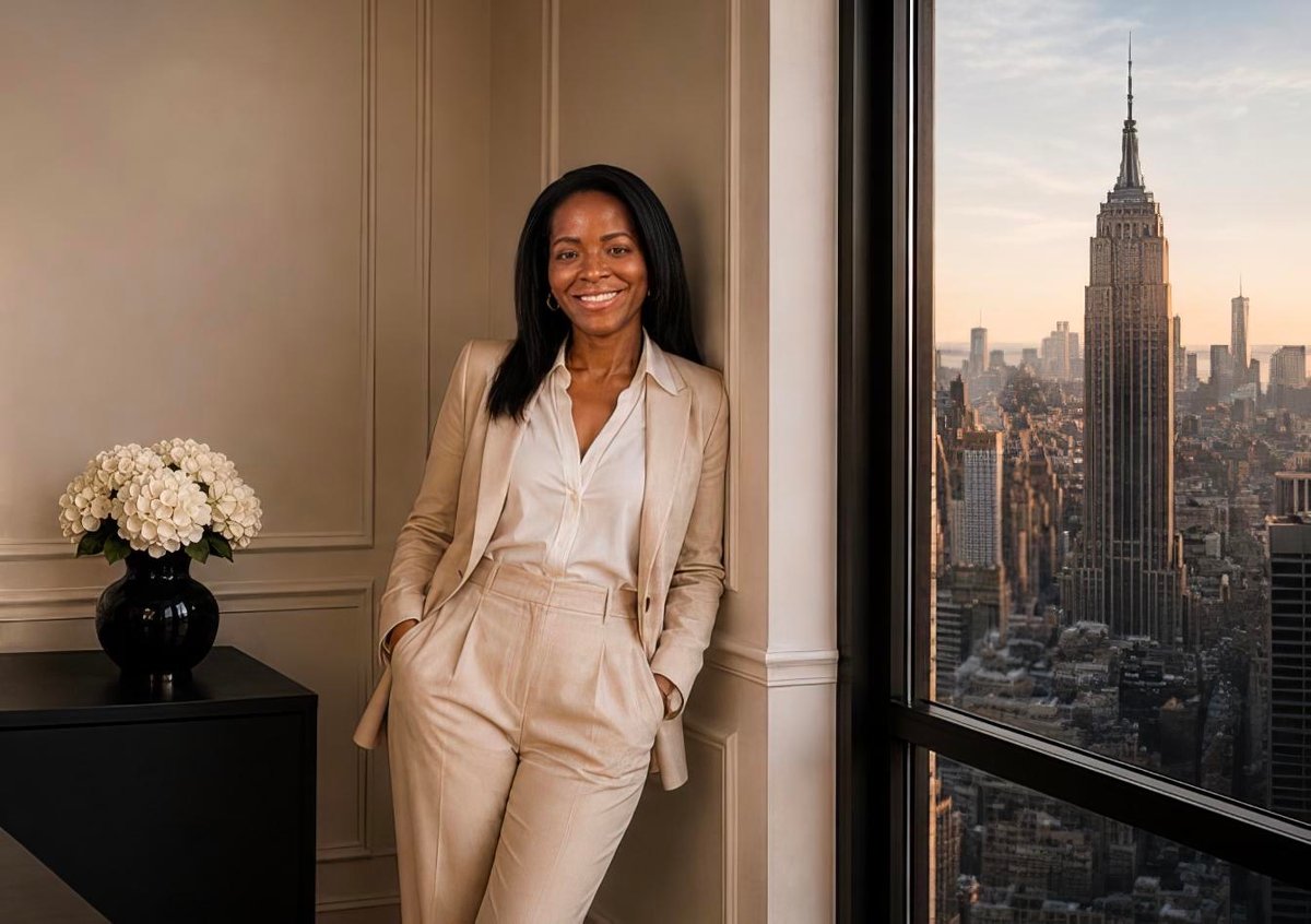 Ogo Ekweozor-Holley standing beside a window overlooking the Manhattan skyline