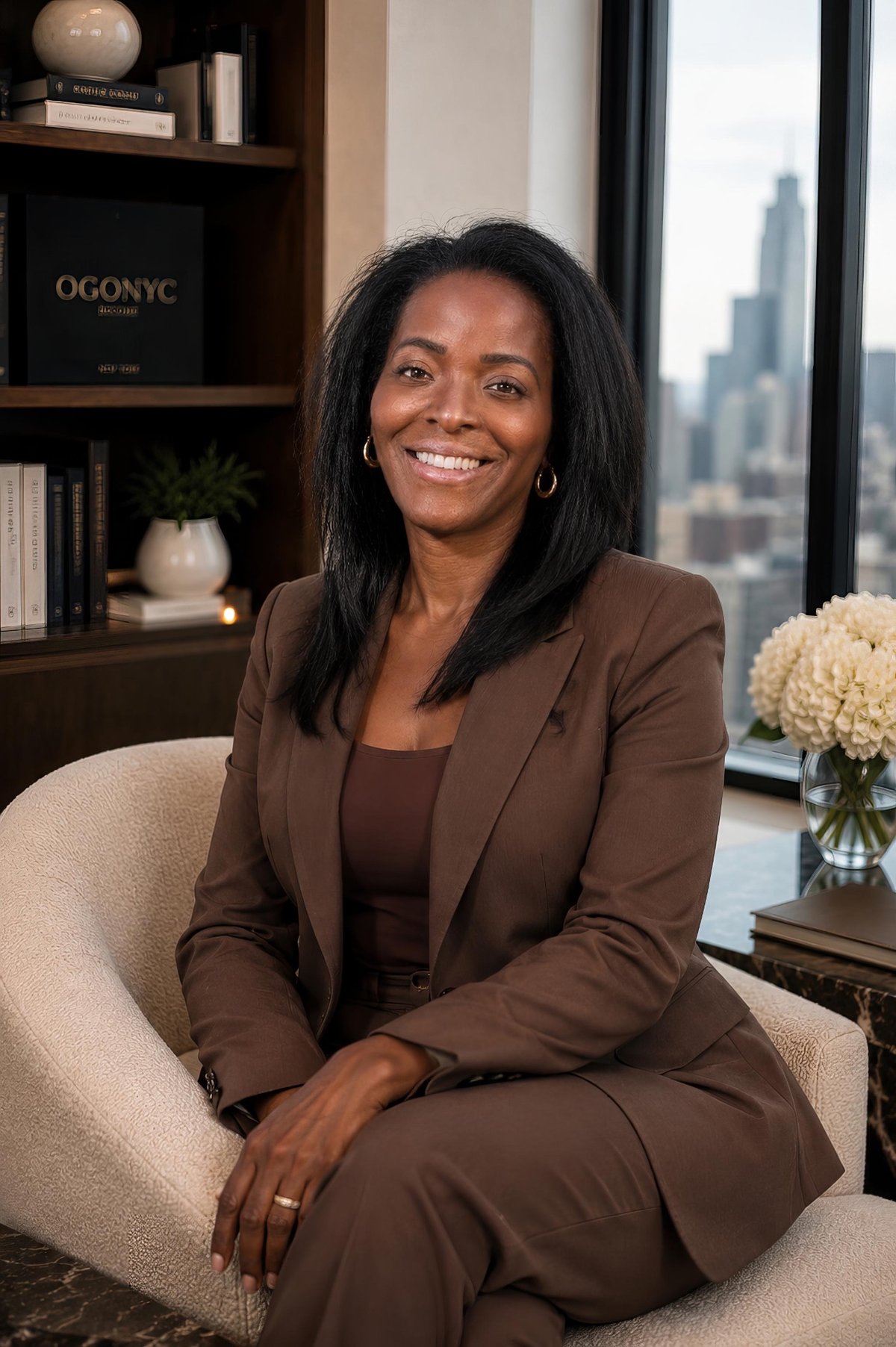 Ogo Ekweozor-Holley, founder of OGONYC, in a brown tailored suit seated in a cream armchair, smiling warmly beside a bookshelf and window overlooking the Manhattan skyline