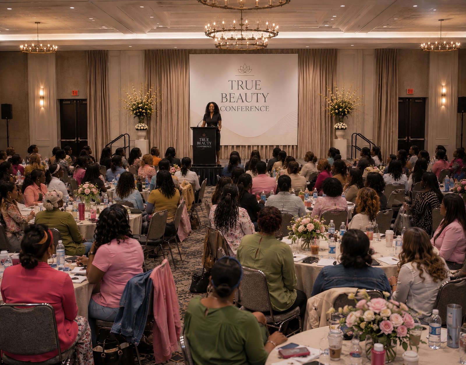 Ogo Ekweozor-Holley speaking from the podium at the True Beauty Conference, with attendees seated at round tables in a grand ballroom