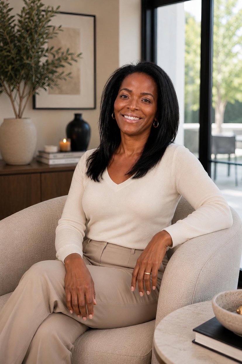 Ogo Ekweozor-Holley seated in a cream armchair by a window, smiling warmly