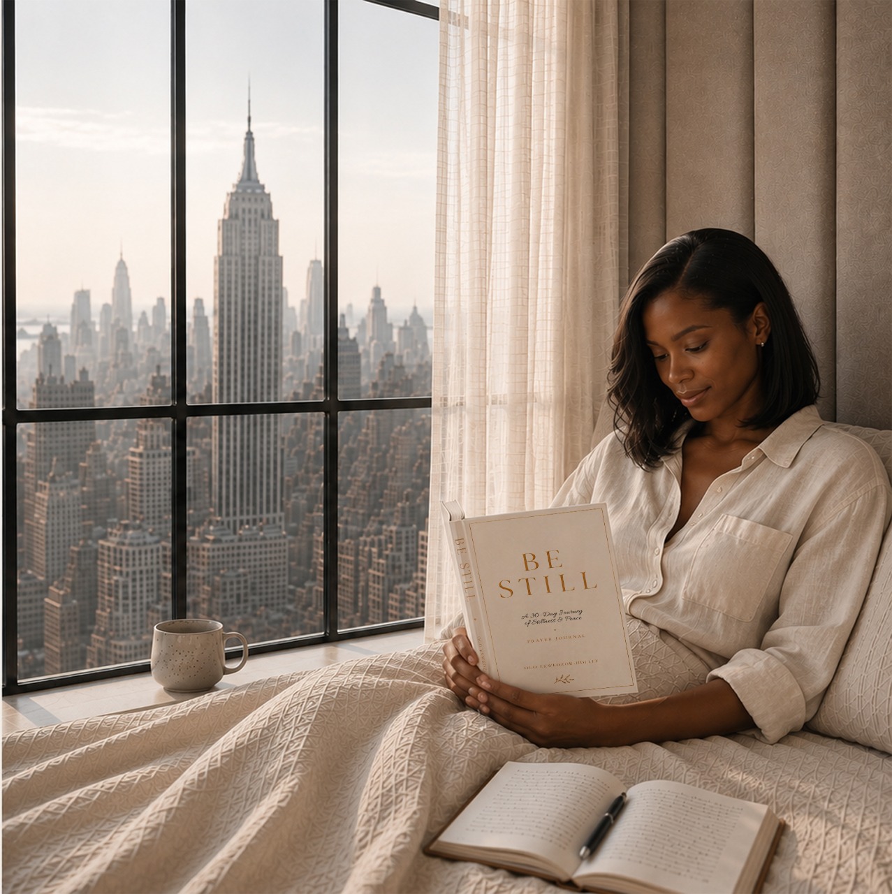 A woman reading the Be Still devotional journal by a sunlit window overlooking the Manhattan skyline