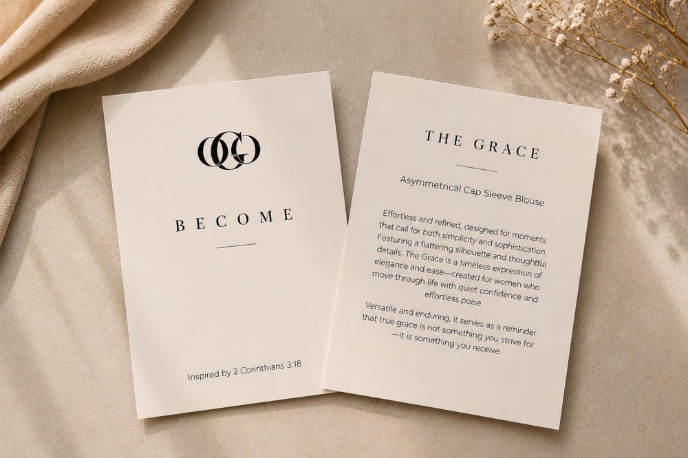 Two ivory cards — the OGONYC monogram with BECOME, and the story card for The Grace