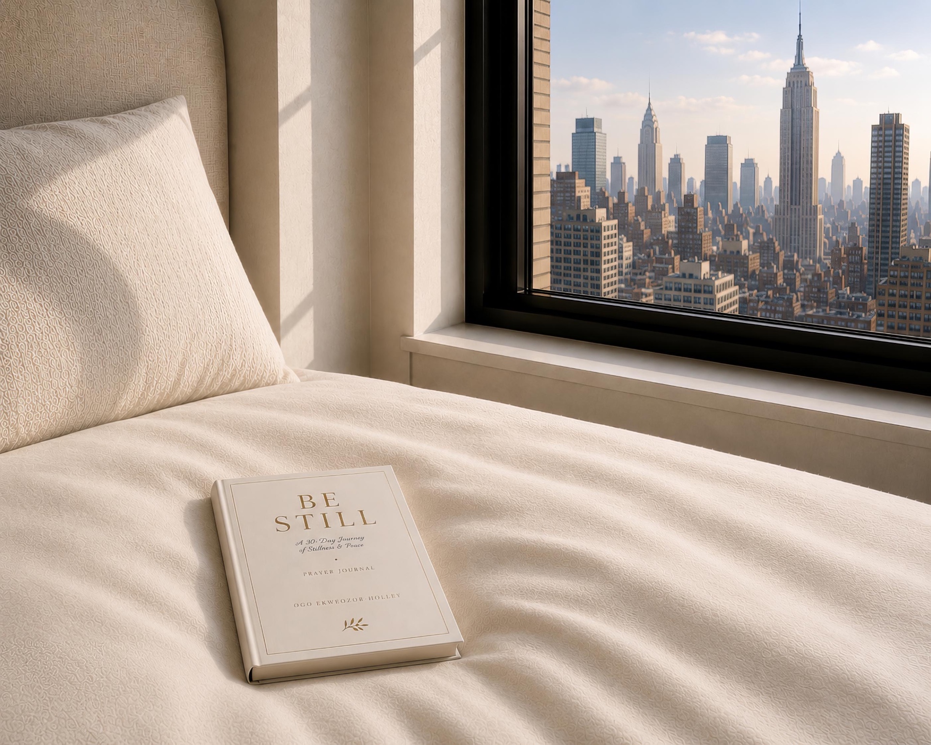 The Be Still prayer journal resting on linen bedding beside a Manhattan skyline window