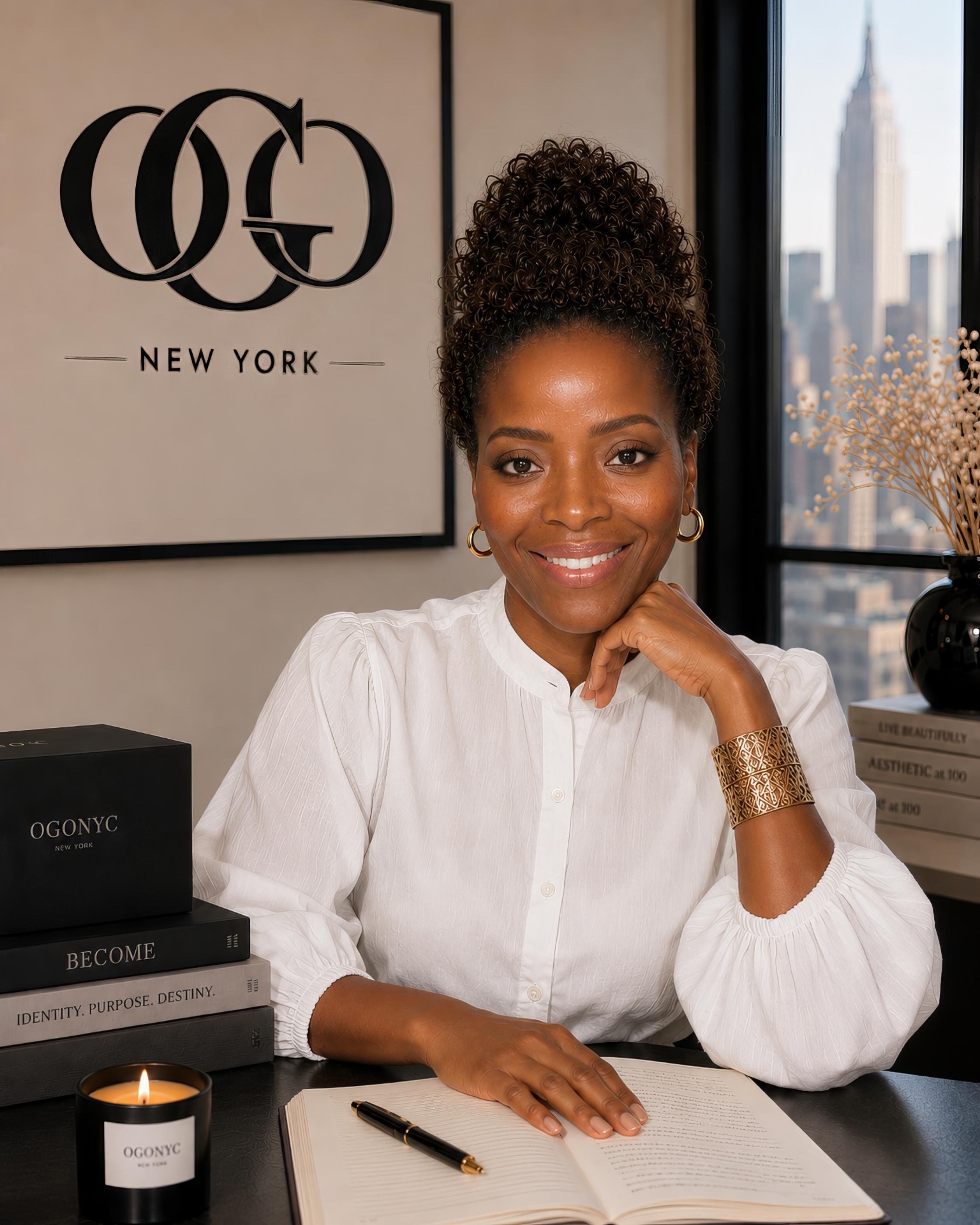 Ogo Ekweozor-Holley seated at her desk beneath the OGONYC New York logo, overlooking Manhattan